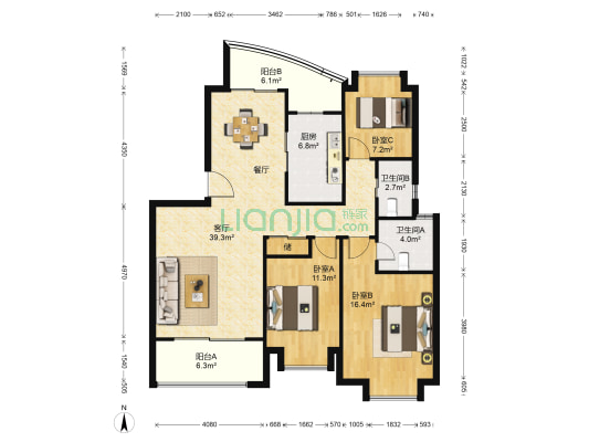欧风花都 3室1厅2卫 123平方