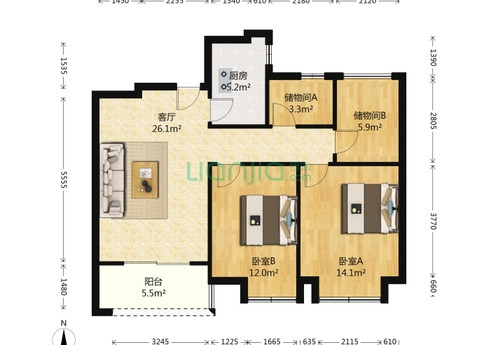 2室1廳0衛88㎡-南京金地自在城第八街區戶型圖