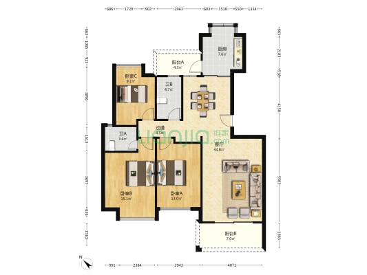 怡美嘉园 3室1厅2卫 131平方