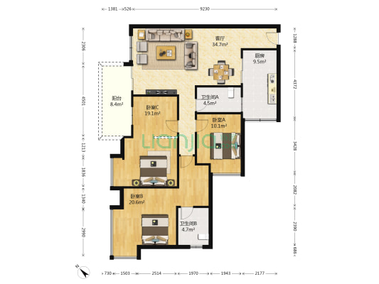 聚鑫苑 3室1厅2卫 132平方