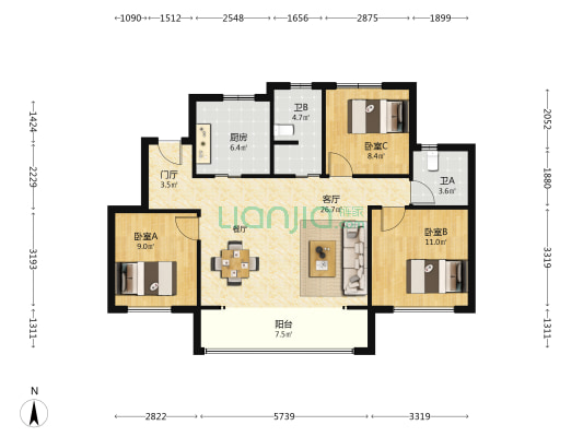 亲亲家园 3室1厅2卫 107平方