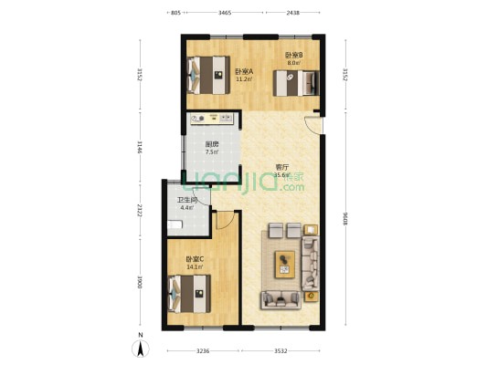 鲁商富景花园 3室1厅1卫 116平方