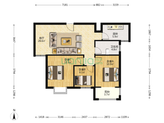 宏达紫云台 3室1厅1卫 94平方