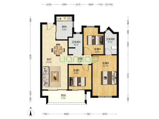 国贸中南梧桐原 3室1厅2卫 98平方