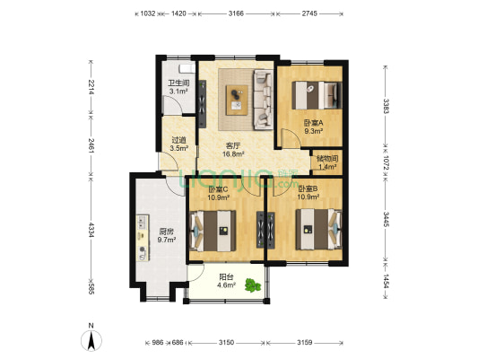 南昌第十四中教工宿舍 3室1厅1卫 91平方