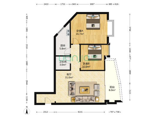 利得尔大厦 2室1厅1卫 90平方