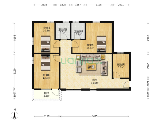 汇美之家 3室1厅2卫 102平方