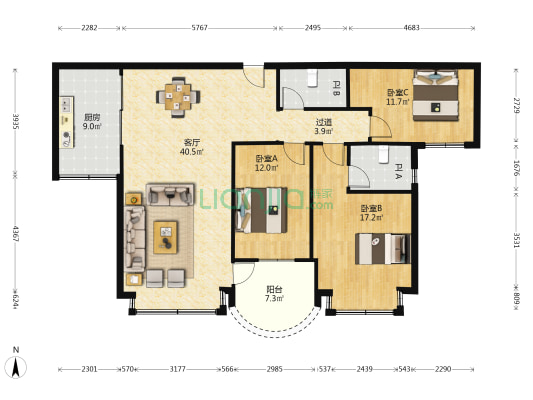 瀛聚楼 3室1厅2卫 122平方