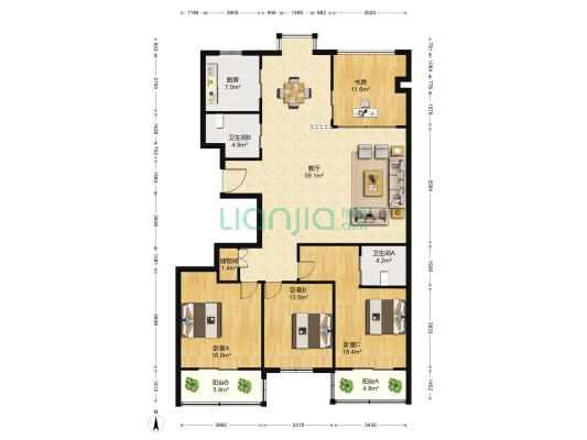 中福大厦 4室1厅2卫 186平方