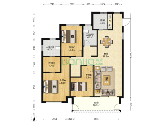 朝阳荟生活广场 3室1厅2卫 128平方