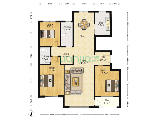 弥河玉城B区瑞苑 3室1厅2卫 148平方