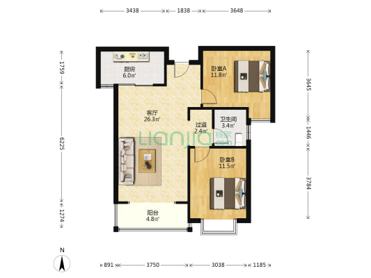 同德晨曦园 2室1厅1卫 97平方