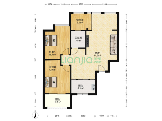 桐洋新城 2室1厅1卫 87平方