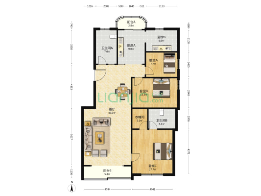 汇成武康公寓 3室1厅2卫 150平方