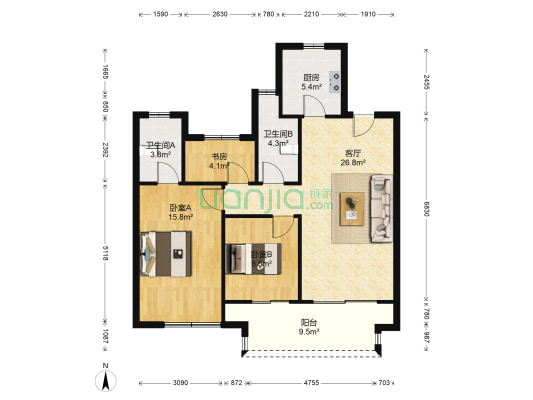 绿都虞宸源筑 3室1厅2卫 100平方