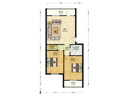 风屏东里 2室1厅1卫 103平方