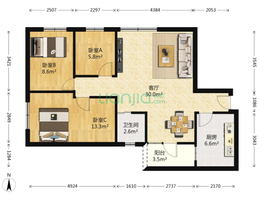 广海花园 3室1厅1卫 92平方