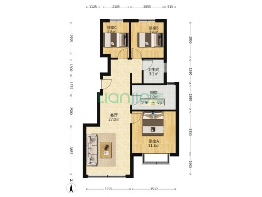 精装修南北通透三居未住好楼层视野佳有本随时过户-户型图