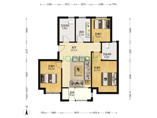 鑫江水青花都观山 3室1厅2卫 97平方