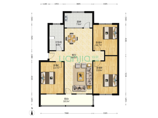 地税局家属楼(团结路29号) 3室1厅1卫 119平方