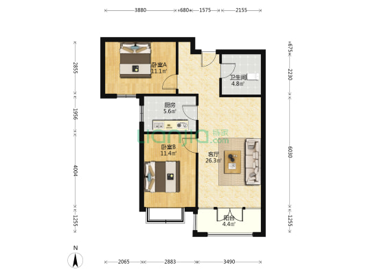 香邑溪谷上园 2室1厅 南-户型图