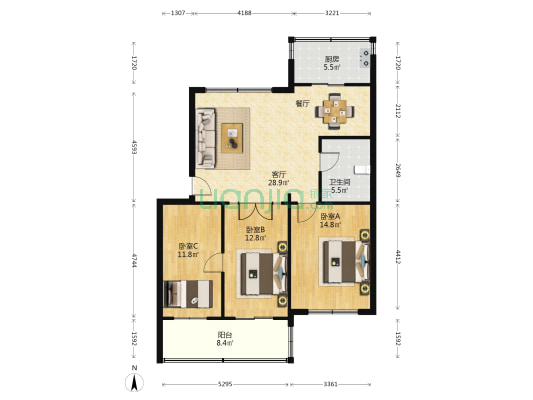 省军区三十八号院（酒泉路） 3室1厅1卫 100平方