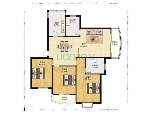 绿洲家园 3室1厅2卫 148平方