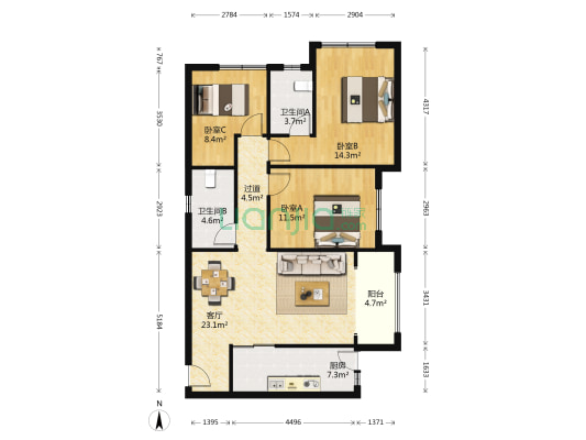 联发龙洲湾一号A区 3室1厅2卫 97平方