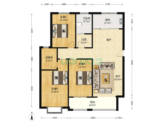 逸景和公馆 3室1厅1卫 126平方