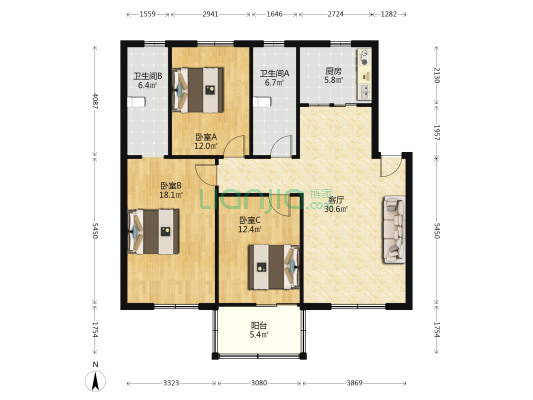 康泰苑 3室1厅2卫 117平方