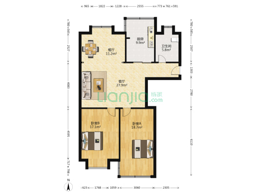北海苑 2室2厅1卫 107平方