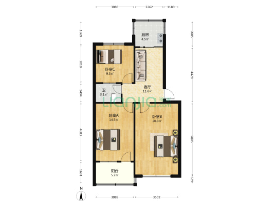 中和园东区 3室1厅1卫 80平方