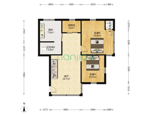 兆康街 2室1厅2卫 74平方