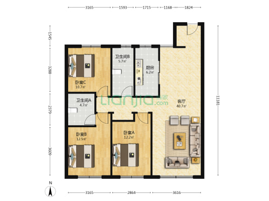 中海龙玺B区 3室1厅2卫 121平方
