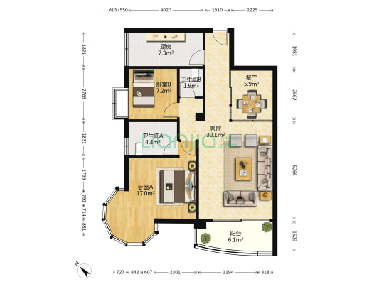 艾德花园二期 2室2厅2卫 95平方