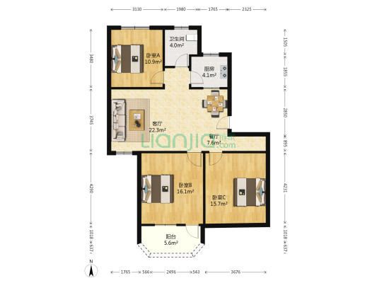 月照里 3室2厅1卫 107平方