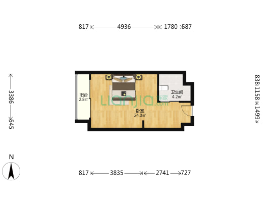 永盛广场金座公寓 1室0厅1卫 45平方