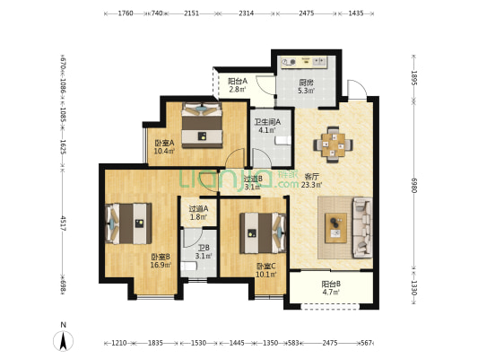 普天中央国际时光里 3室1厅2卫 106平方
