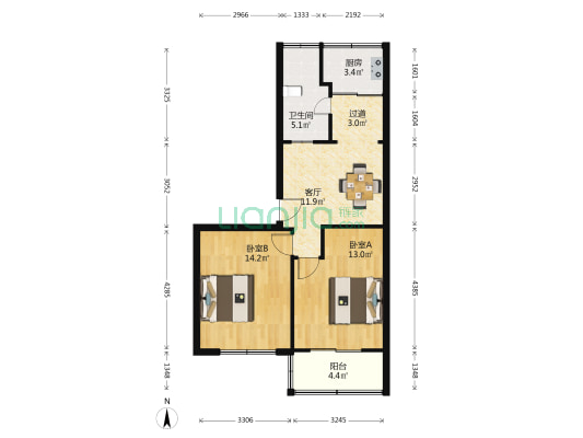 中行宿舍 2室1厅1卫 65平方
