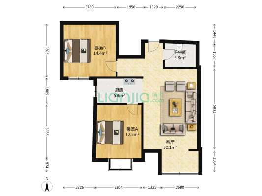 联合七号院 精装两居室 业主诚心出售 看房随时-户型图