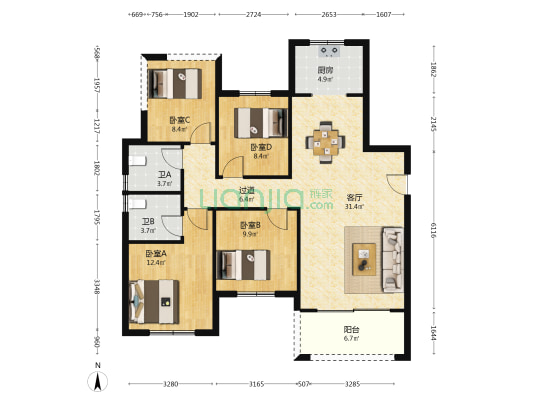 通号岭绣苑 4室1厅2卫 125平方