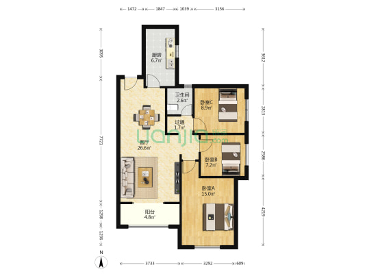 未央锦城 3室1厅1卫 88平方