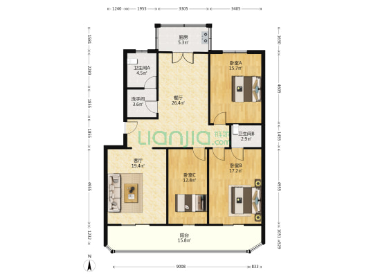 楼额层好，采光充足，视野开阔，南北通透-户型图