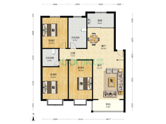 荷香新天地 3室2厅2卫 138平方