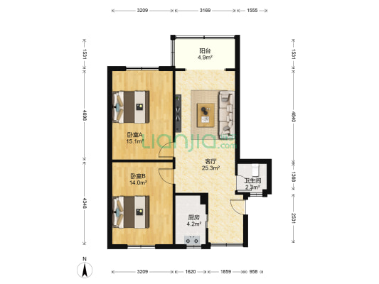 双林路44号 2室1厅1卫 77平方