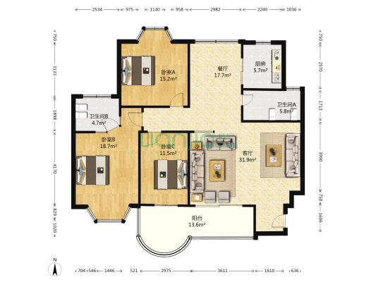 湖凯逸景园 3室2厅2卫 139平方