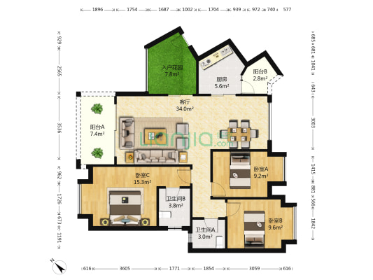 龙光普罗旺斯薰衣草 3室1厅2卫 114平方