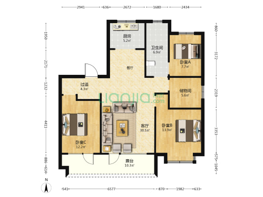 城投悦动阳光城 3室1厅1卫 128平方