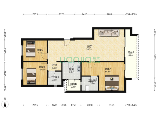 北京城建国誉府 3室1厅2卫 102平方