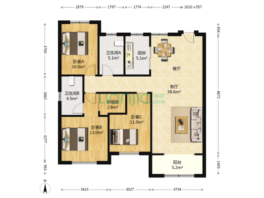 中海城市广场 3室1厅2卫 130平方
